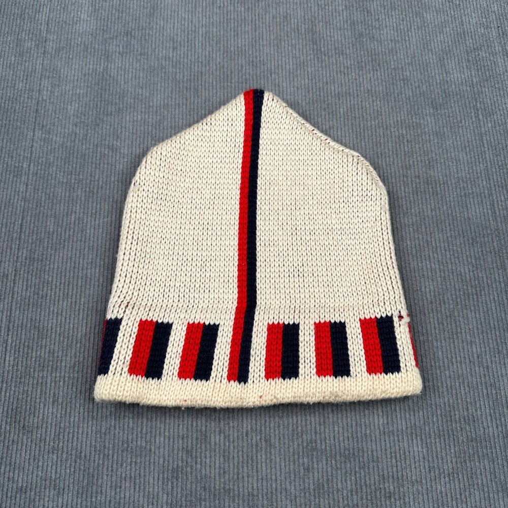 Vintage Wigwam Mills 100% Virgin Wool Beanie Hat Cream Red Navy Stripe USA Made